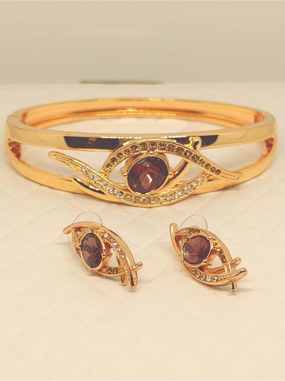 Vintage Avon Rose Gold Evil Eye Rhinestone Bracelet & Earring Set